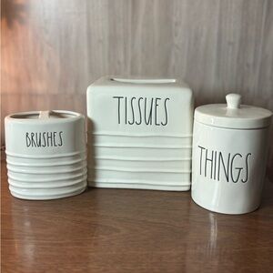 Rae Dunn Off White Ceramic Bathroom Accessory Set - 'Brushes, Tissues, Things